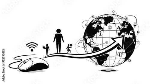 Digital computer mouse connected to world globe through an arrow with human silhouettes representing global internet connectivity.
