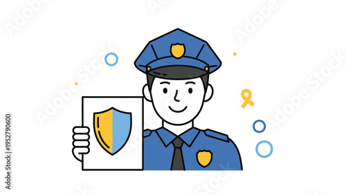Smiling police officer in blue uniform holding up white paper with security shield icon representing law and order for safety.