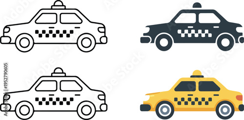 Set of four taxi car illustrations in line art and flat color icon style arranged in grid layout