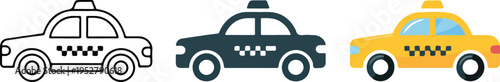 Set of four taxi car illustrations in line art and flat color icon style arranged in grid layout