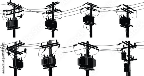 Vector silhouette set of electric power poles with transformers and high voltage lines, utility poles for energy distribution isolated on white