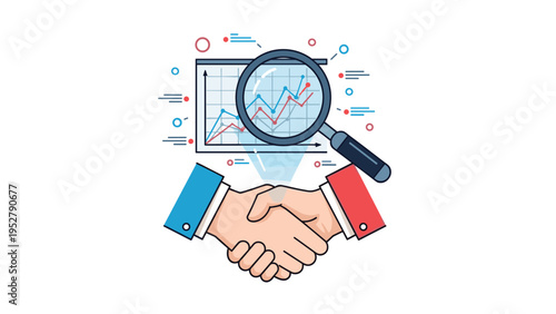 Successful business deal represented by handshake beneath magnifying glass analyzing colorful financial data growth charts.