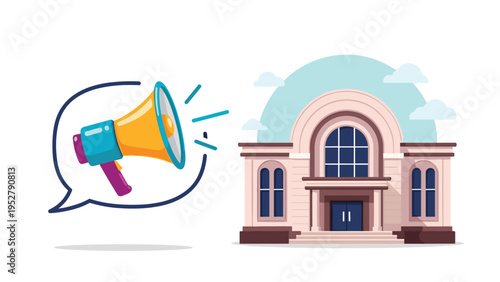 Colorful megaphone inside speech bubble next to grand neoclassical building representing public announcements or government communication.