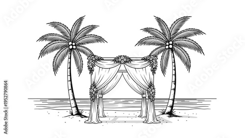 Tropical beach wedding ceremony setup featuring a decorated floral archway between palm trees overlooking the ocean.