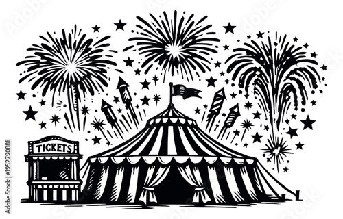 Hand drawn illustration of a circus tent with fireworks depicting a festive show for an entertainment event