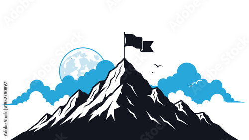 Silhouette of a high mountain peak with a flag at the summit against a moonlit sky with blue clouds and flying birds.