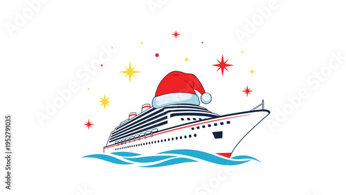 Large cruise ship wearing a giant red Santa hat sailing on blue waves with colorful stars in the background for holiday.