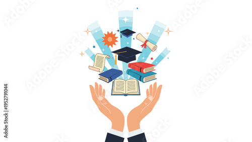Hands supporting various educational elements like books graduation caps and scrolls representing the support for learning.