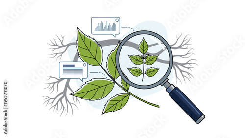 Biological research of a plant specimen with roots being examined under a magnifying glass for scientific study and data.