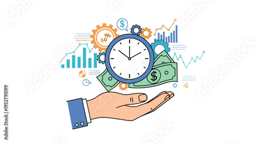 Human hand supporting a clock money and gears representing time management and financial efficiency in business.