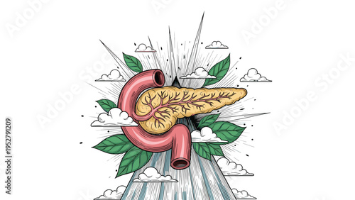Medical illustration of a human pancreas organ surrounded by green leaves and clouds with sun rays representing health.