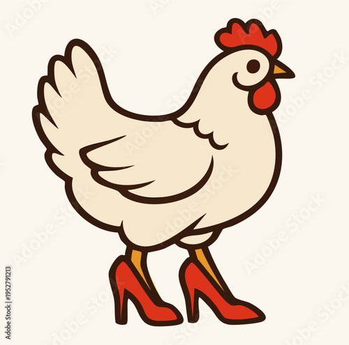 A quirky and humorous vector of a white hen confidently walking while wearing bright red high-heeled shoes. It has a vintage comic book aesthetic with bold lines.