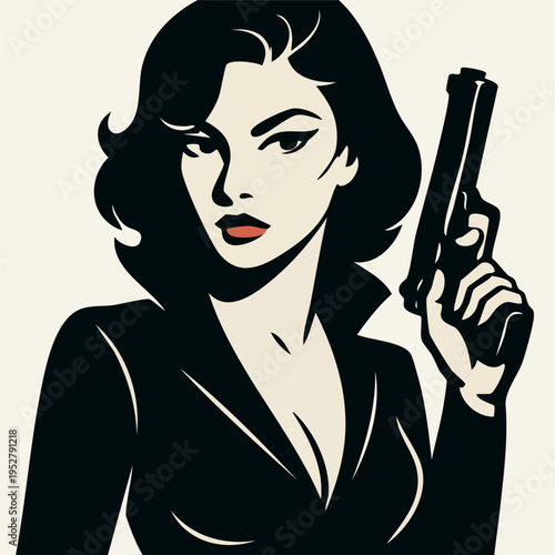 A high-contrast, noir-inspired illustration of a mysterious woman with dark wavy hair holding a pistol. The style evokes classic spy movies and 1950s detective comics.