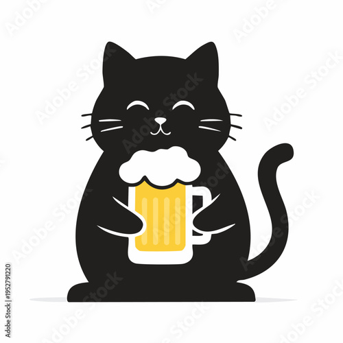 A minimalist illustration of a black cat silhouette holding a tall, frothy mug of golden beer. A playful and humorous design combining pet love with pub culture.