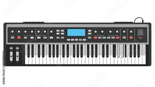 Professional electronic music synthesizer keyboard with various knobs sliders and a blue display for sound production.