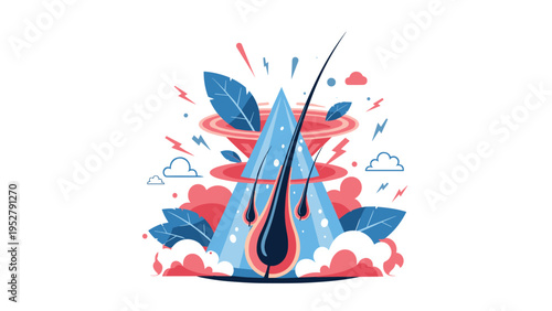 Conceptual illustration of hair follicles with roots growing from energy and leaves representing natural hair care.