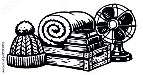Hand drawn graphic home essentials set featuring a knitted hat, rolled blanket, stack of books, and a desk fan for everyday comfort
