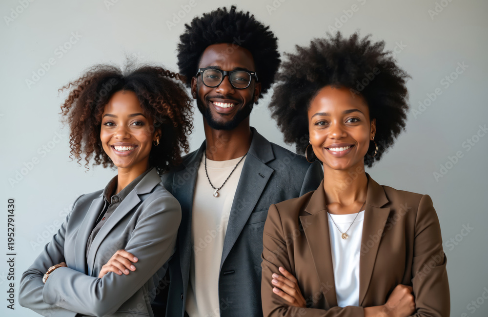 Obraz premium Three young professionals, one man, two women of color, stand together. Wear business attire, smile confidently. Diverse appearances, modern hairstyles suggest forward-thinking company culture. Team