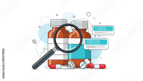 Pharmaceutical inspection of medicine bottles and pills using a magnifying glass showing dosage and safety data.