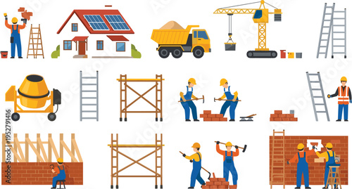 Construction workers building process vector set with bricklaying, scaffolding, crane, cement mixer and house construction illustration