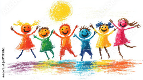 Colorful crayon drawing happy children celebrating under bright sun joyful energy playful friendship