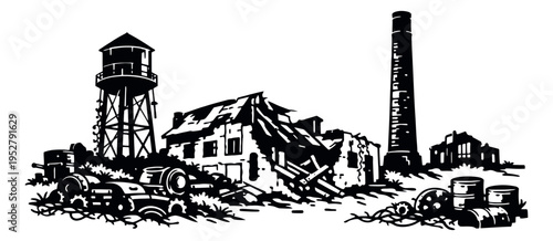 Bold graphic illustration of an abandoned industrial landscape depicting urban decay and obsolescence for historical or environmental concepts
