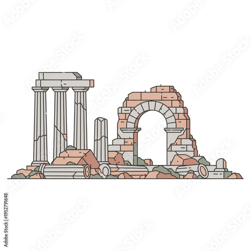 Ancient Greek Roman Ruins Architecture Columns Archway Stones.