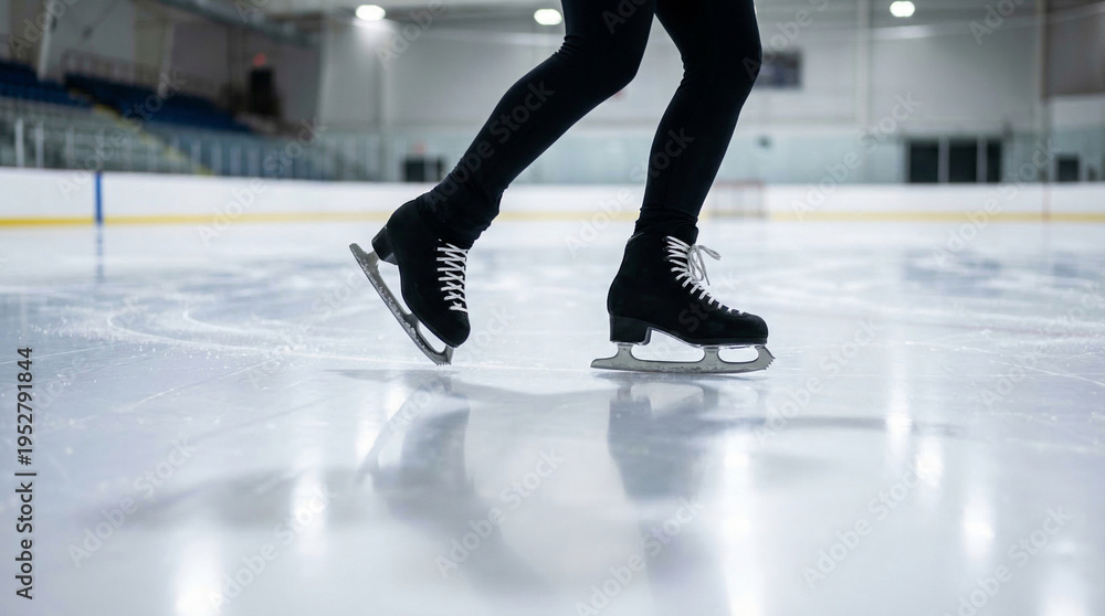 Obraz premium A sophisticated close-up of a figure skater's shins and shoulder blades on an indoor rink with high reflectivity, capturing balance, movement and training