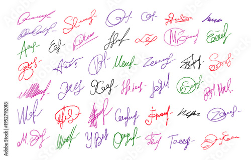 Signatures set. Fictitious handwritten signatures for signing documents on white background. Hand drawn. Not AI, vector illustration.