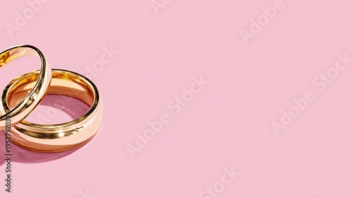 Elegant Wedding or Engagement banner background - pair of golden wedding rings and gentle white bow ribbon on gentle pink backdrop, copy space for text