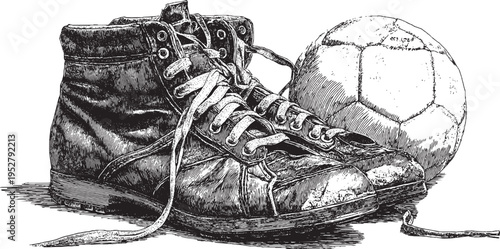 Silhouette illustration of vintage-style soccer cleats and a soccer ball; vector background.