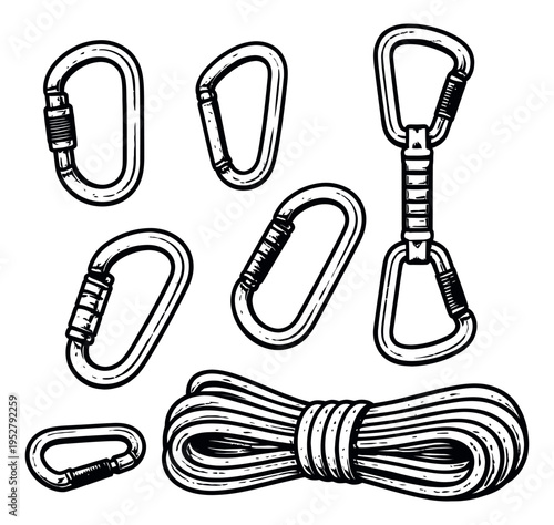 Hand drawn line art climbing gear set featuring carabiners and rope for outdoor adventure sports