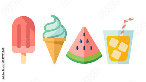 Refreshing summer treats: ice cream, popsicle, watermelon, and juice.