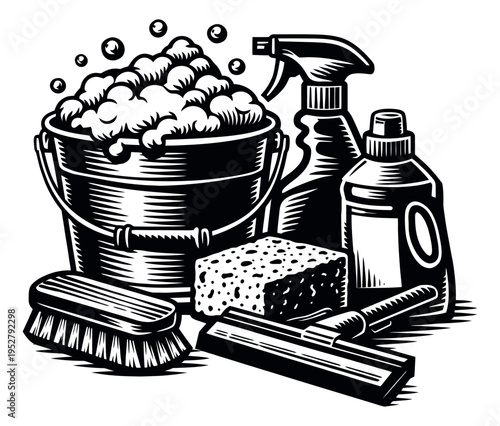 Retro line art cleaning supplies set featuring a bucket with foam, spray bottle, sponge, brush, and squeegee for household cleaning