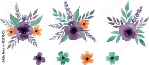 Beautiful watercolor floral arrangements and individual blossoms in shades of purple, orange, and teal with green leaves on a clean white background.