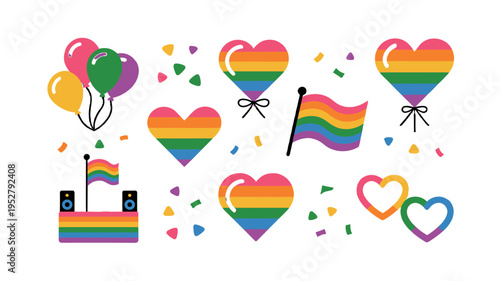 Festive illustrations of love and pride, symbols of a colorful celebration of inclusivity.