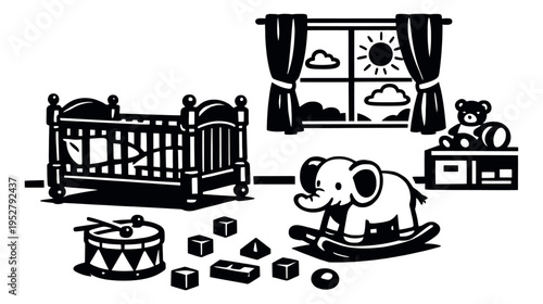 Graphic nursery set featuring a crib, rocking elephant, toys, and window for children's room design