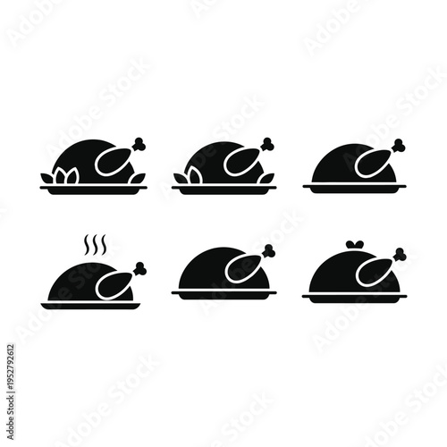 Roasted turkey silhouette icon set for thanksgiving feast or food vector with main course