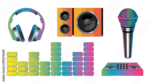 Colorful music-themed illustration with headphones, microphone, speaker, sound bars, and mixing board.