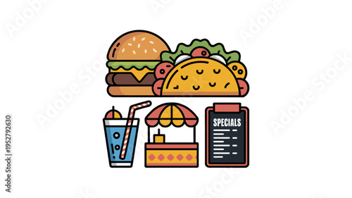 Delicious fast food illustration with a menu board.