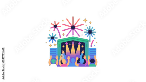 Celebration of concert stage with fireworks, a vibrant illustration.
