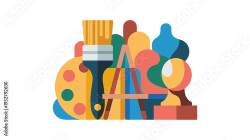 Colorful art supplies arranged in a creative illustration.