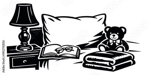 Hand drawn line art bedtime set featuring a lamp, book, teddy bear, pillow and blankets for comfort and relaxation