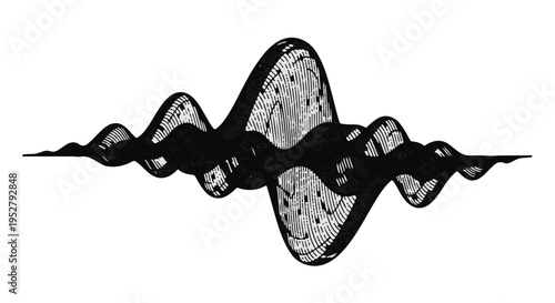 Waveform illustration displays a stylized sound frequency pattern rendered with a textured black and white artistic aesthetic.