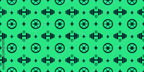 Repeating pattern of dumbbells and wheels on a vibrant green background