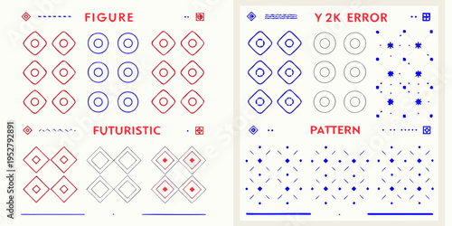 Abstract geometric patterns in red and blue with a y2k error theme