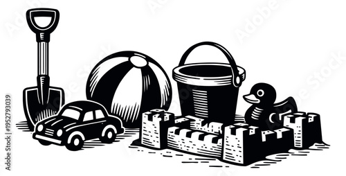 Hand drawn line art beach items set featuring a beach ball, sand bucket, shovel, toy car, sandcastle, and rubber duck for summer play and holidays