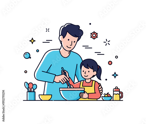 Cooking together at home parent guiding a child while stirring a bowl on a kitchen counter, symbolizing learning through shared experience. A cozy badge style