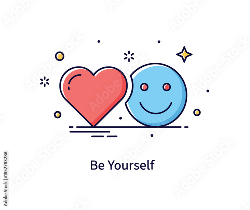 Self acceptance moment illustrated by a heart and a smiling face icon placed side by side, symbolizing harmony between feelings and identity. A subtle ?Be