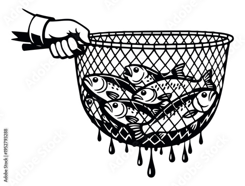 Line art illustration of a hand holding a fishing net filled with fish depicting a successful catch for fishing and abundance themes